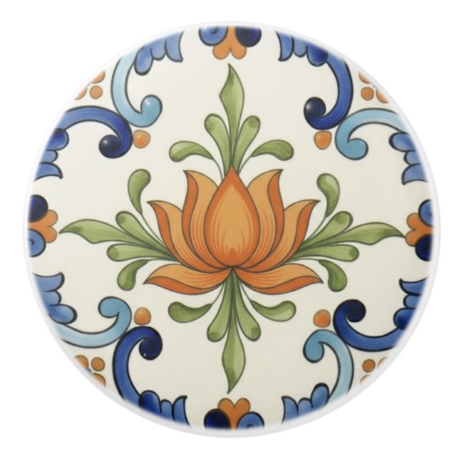 Pomo De Cerámica Lotus Flower Mediterranean Blue Cream (Anverso)