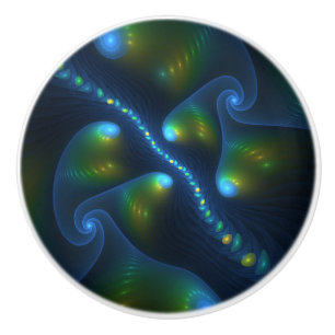 Pomo De Cerámica Luces de fantasía fractal abstracto azul verde ama