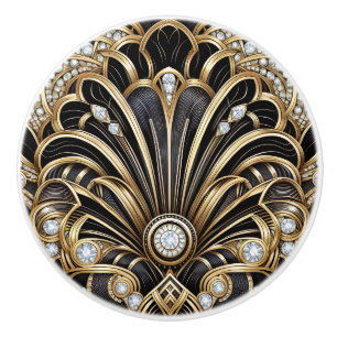 Pomo De Cerámica Lujo Art Deco Negro y Dorado Cerámica Diamante Fal