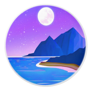 Pomo De Cerámica Luna, mar de estrellas y montañas en violeta y azu