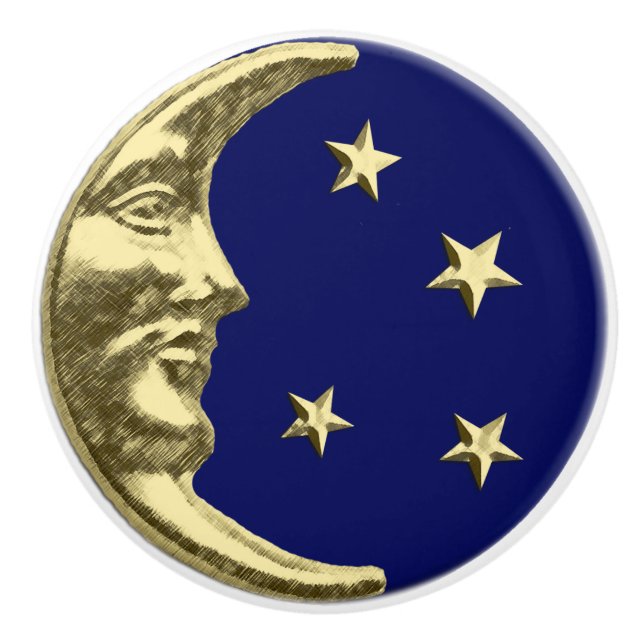 Pomo De Cerámica Luna y estrellas Art Deco - Azul marino y oro (Anverso)