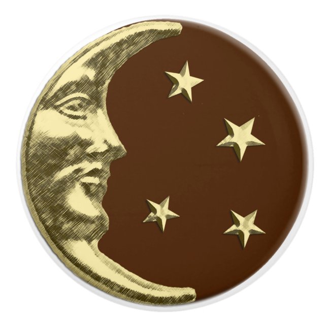 Pomo De Cerámica Luna y estrellas Art Deco - Marrón chocolate y oro (Anverso)