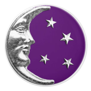 Pomo De Cerámica Luna y estrellas del art déco - púrpura y de pla