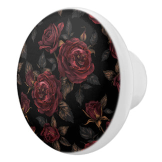 Pomo De Cerámica Luxury Vintage Botanical Black Rich Burgundy Roses