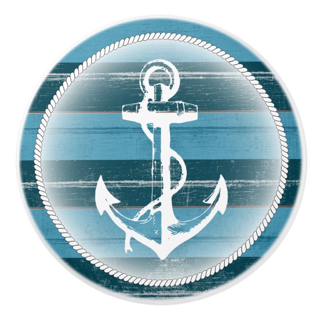 Pomo De Cerámica Madera de edad azul con ancla náutica (Anverso)