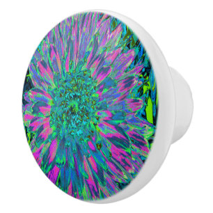 Pomo De Cerámica Magenta psicodélica, Aqua y Lime Green Dahlia