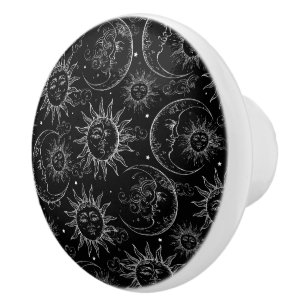 Pomo De Cerámica Magia Negra Vintage Sol Celestial Luna Estrellas