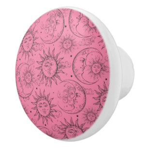 Pomo De Cerámica Magia Rosa Vintage Celestial Sol Luna Estrellas