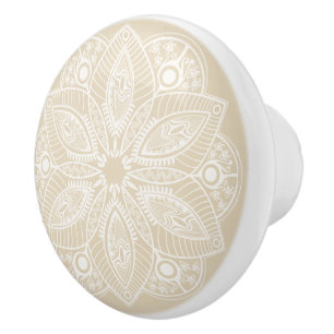 Pomo De Cerámica Mandala blanca exótica con fondo beige