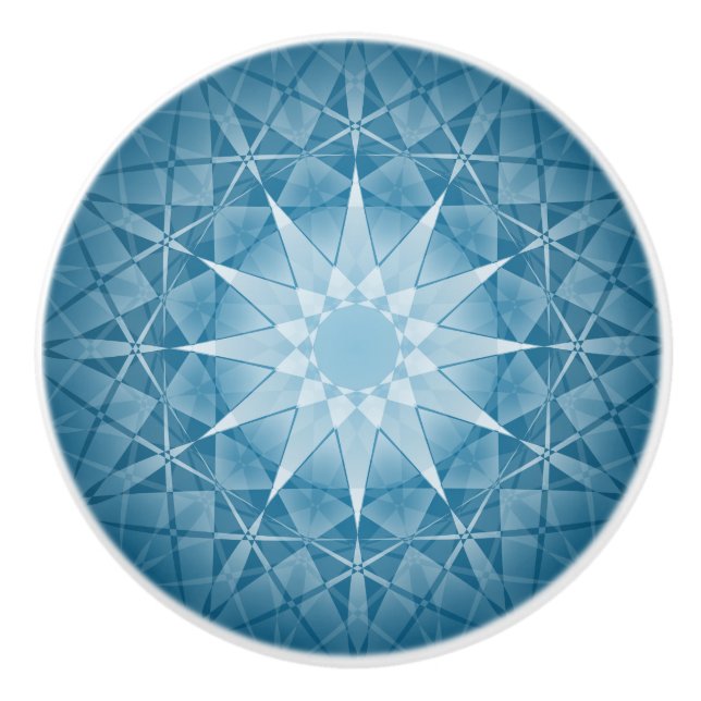 Pomo De Cerámica Mandalá con Patrón de Caleidoscopio Azul Blanco (Anverso)