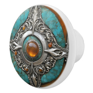 Pomo De Cerámica Mandalá de ámbar ember con plata ornamentada y tur