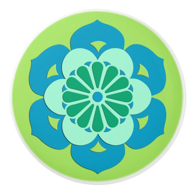 Pomo De Cerámica Mandala de flores de Lotus, verde limón y azul cla (Anverso)