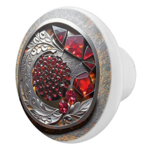 Pomo De Cerámica Mandala de Rubí Rojo con Plata Ornamentada