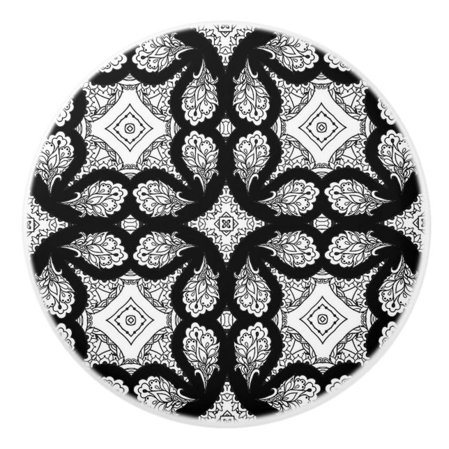 Pomo De Cerámica Mandala decorativa en blanco y negro (Anverso)