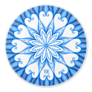 Pomo De Cerámica Mandala elegante estética blanca y azul monogramad