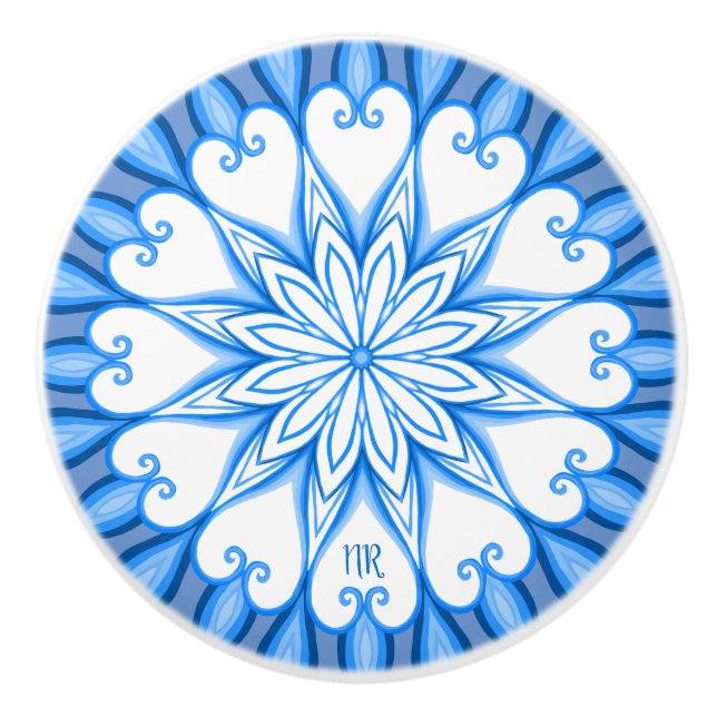 Pomo De Cerámica Mandala elegante estética blanca y azul monogramad (Anverso)