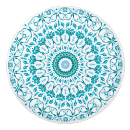 Pomo De Cerámica Mándala Floral Azul Turquesa