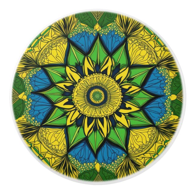 Pomo De Cerámica Mandala hermosa, verde, azul, amarillo (Anverso)
