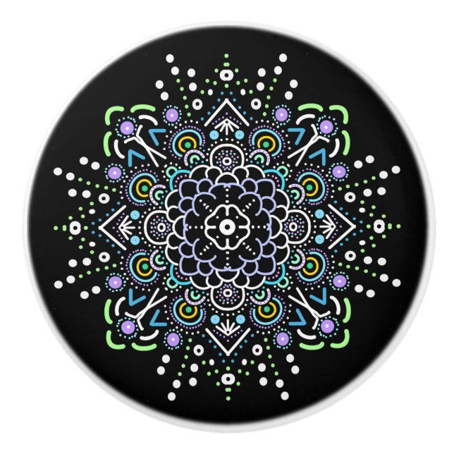 Pomo De Cerámica Mandala negra, púrpura y verde (Anverso)