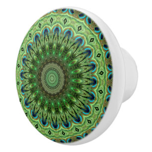 Pomo De Cerámica Mandalas de Plumas de Pavo Real Esmeralda y Simetr