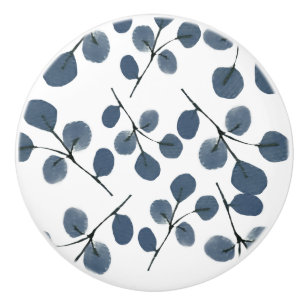 Pomo De Cerámica Mano Botánica Azul Eucalyptus Pintada