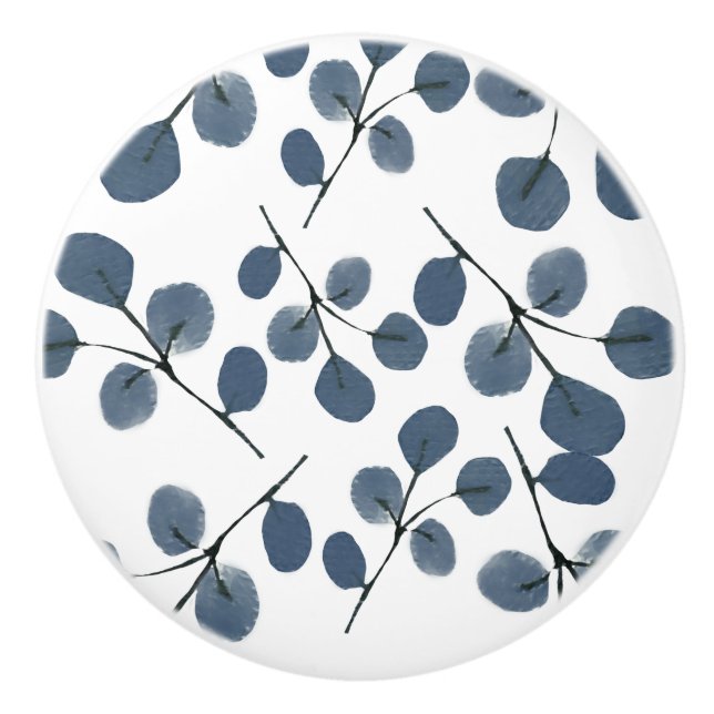 Pomo De Cerámica Mano Botánica Azul Eucalyptus Pintada (Anverso)