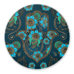 Pomo De Cerámica Mano de Hamsa - Ornamento floral de Fátima
