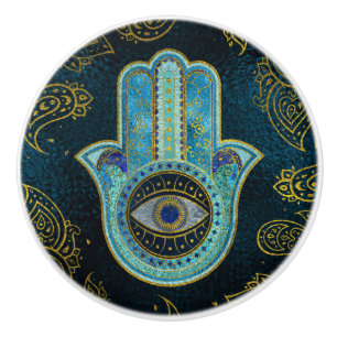 Pomo De Cerámica Mano decorativa de Hamsa con el fondo de Paisley