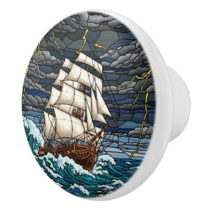 Pomo De Cerámica Mar de tormenta, barco, dramático, náutico vintage