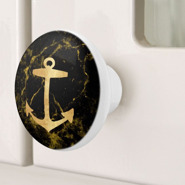 Pomo De Cerámica Marble negro de arena dorada de playa costera náut (Nautical Coastal Beach Black Marble Golden Anchor Ceramic Knob)