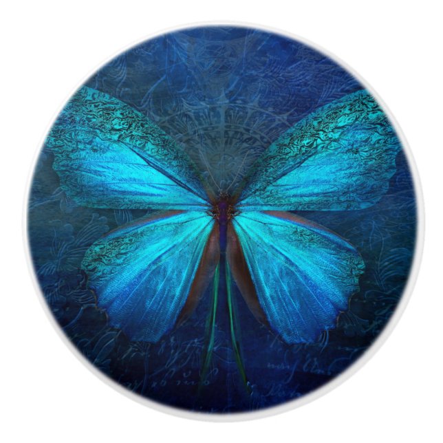 Pomo De Cerámica Mariposa azul de alegría y suerte (Anverso)