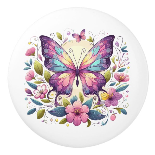 Pomo De Cerámica Mariposa de colores vivos (Anverso)