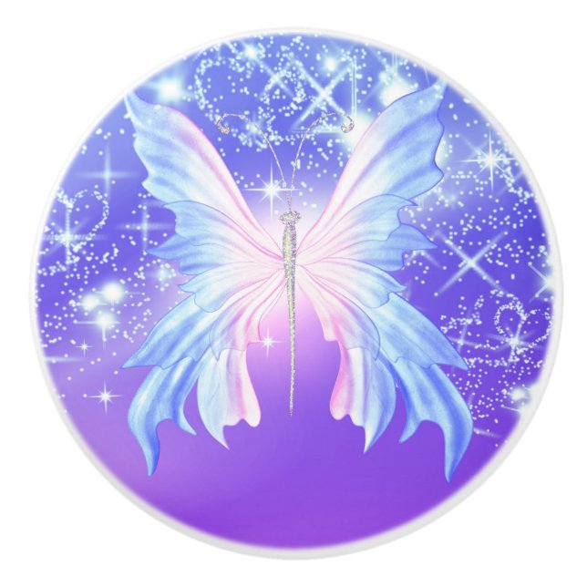 Pomo De Cerámica Mariposa de Fantasía Rosa y Purpura Brillo (Anverso)