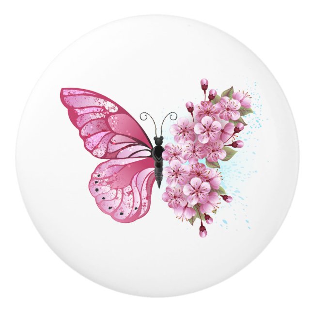 Pomo De Cerámica Mariposa de flores con Sakura rosa (Anverso)