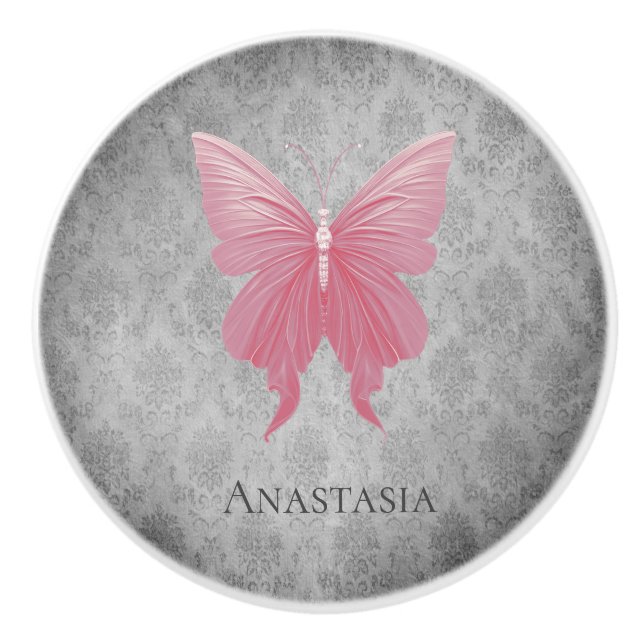 Pomo De Cerámica Mariposa de guijarro rosa (Anverso)