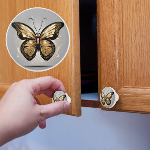 Pomo De Cerámica Mariposa de oro majestuosa en gris