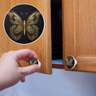 Pomo De Cerámica Mariposa de oro majestuosa en negro
