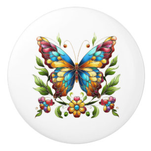 Pomo De Cerámica Mariposa de vidrio coloreado con flores