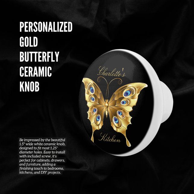 Pomo De Cerámica Mariposa dorada personalizada Black (Personalized Gold Butterfly Ceramic Knob )
