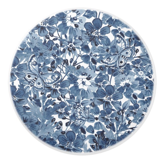 Pomo De Cerámica Mariposa floral azul y blanca elegante (Anverso)