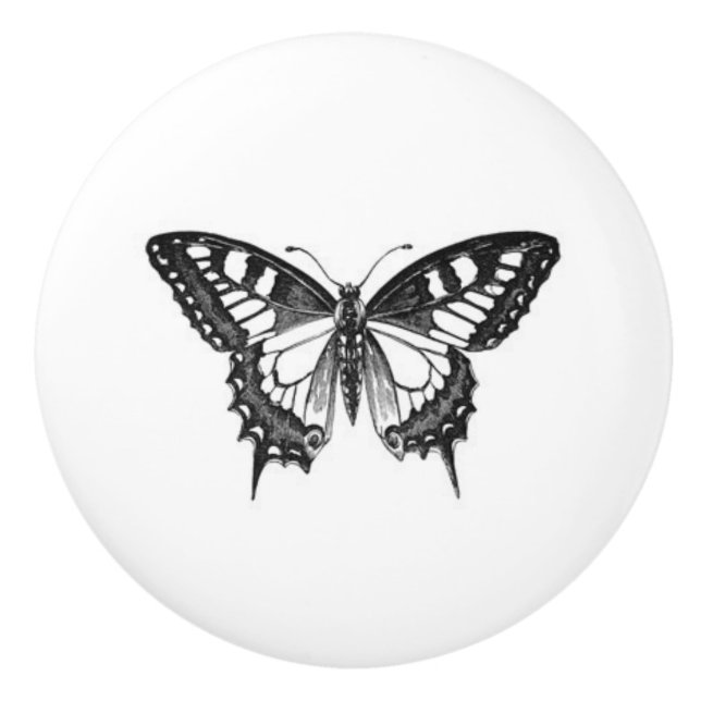 Pomo De Cerámica Mariposa monarca bonito en blanco y negro (Anverso)