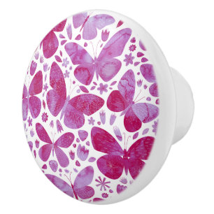 Pomo De Cerámica Mariposas Acuarela Magenta Rosa