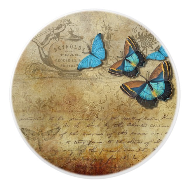 Pomo De Cerámica Mariposas del azul del vintage (Anverso)