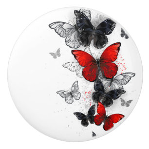 Pomo De Cerámica Mariposas Morpho voladoras negras y rojas