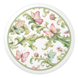 Pomo De Cerámica Mariposas rosadas y patrón de acanto