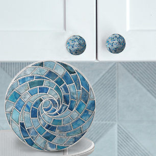 Pomo De Cerámica Mármol Azul y Mosaico Espiral de Aguamarina