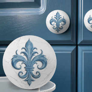 Pomo De Cerámica Mármol blanco y azul de Fleur-De-Lis