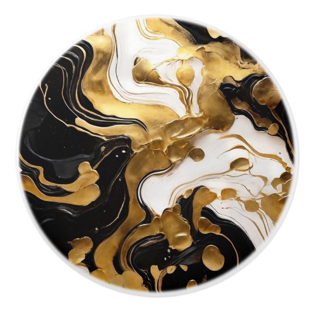 Pomo De Cerámica Mármol Falso Negro Blanco y Dorado  (Anverso)