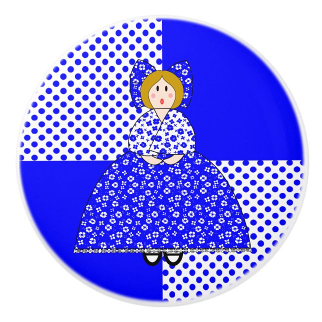 Pomo De Cerámica Mary Doll Con Fondo De Punto De Polka Azul (Anverso)