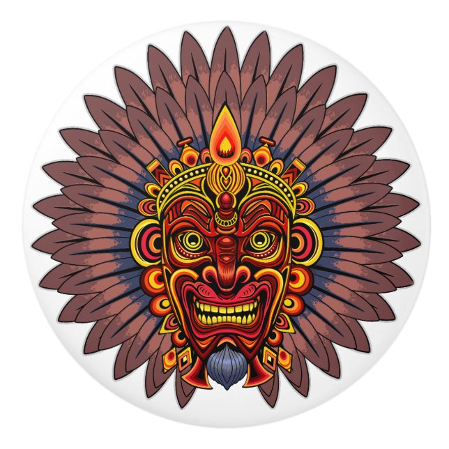 Pomo De Cerámica Máscara ritual del rey guerrero tribal (Anverso)